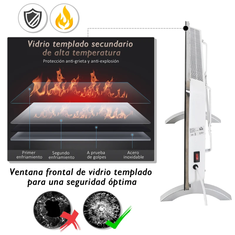 HOMCOM Radiador eléctrico Calefactor de vidrio Convector de Pared/Pie con Pantalla Táctil Temporizador y Control Remoto 2 Nivels Calor 1000/2000W