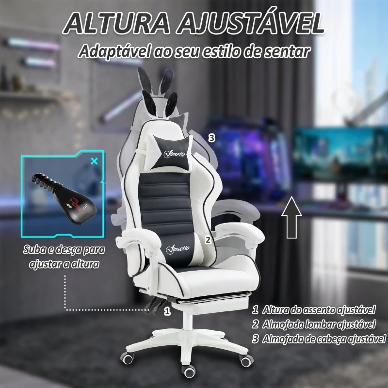 Vinsetto Cadeira Gaming Giratória de Couro PU com Altura Ajustável Inclinável 135° Apoio para a Cabeça 65x63x136-142 cm Branco e Preto
