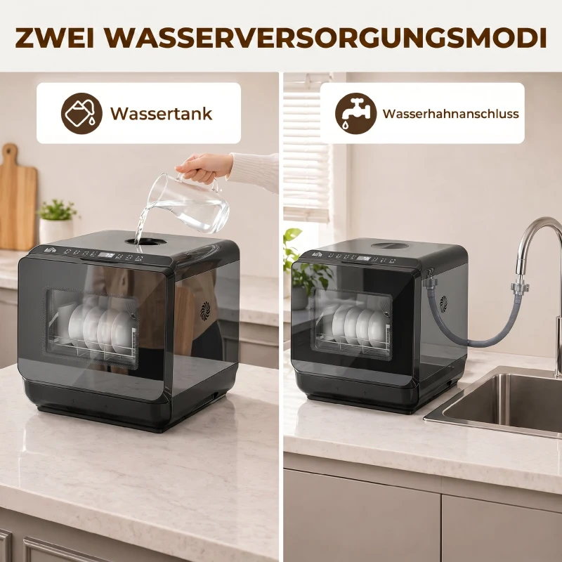 HOMCOM Tischgeschirrspüler, Mini-Geschirrspüler mit 6-Liter-Tank, 5 Programme, LED-Anzeige, Trocknungsfunktion, Schwarz