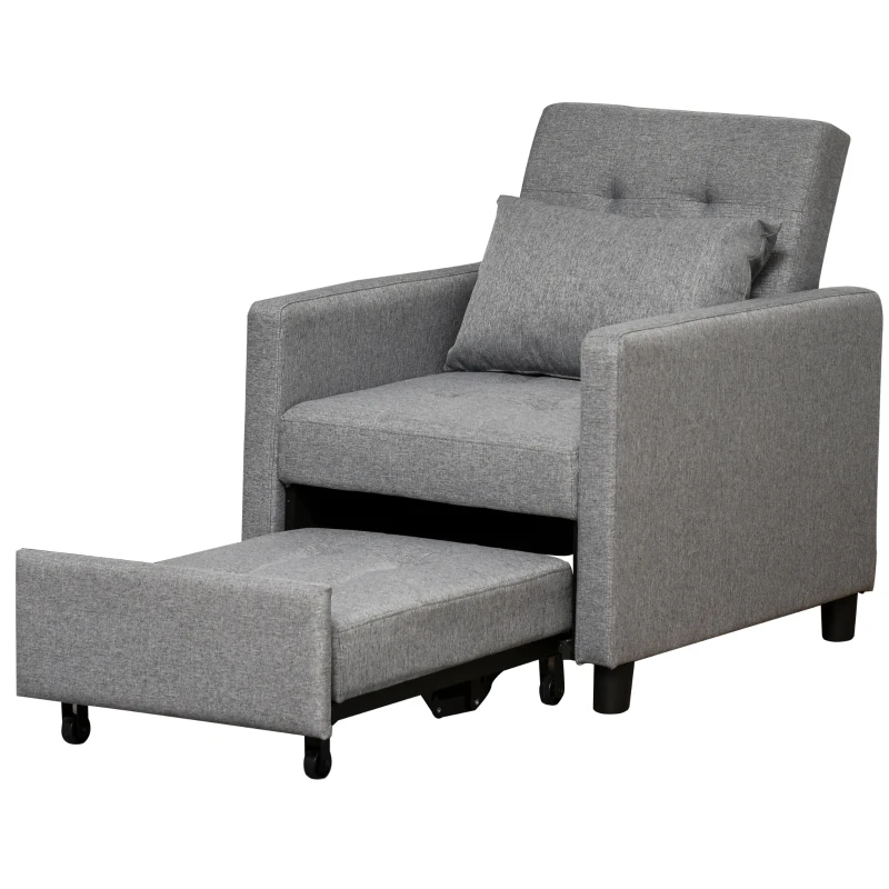 HOMCOM Sofá Cama de 1 Plaza Tapizado en Lino con Respaldo Ajustable de 3 Niveles y Almohada Acolchada 69x82,5x84 cm Gris