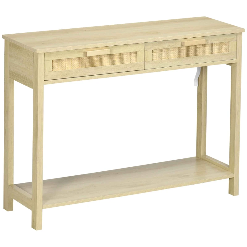 HOMCOM Mesa Consola Mesa de Entrada con 2 Cajones de la Superficie de Ratán y Estante Inferior para Pasillo Salón Dormitorio de Estilo Rústico 100x30x76 cm Natural