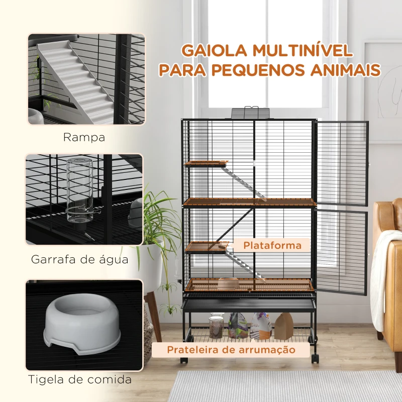 PawHut Gaiola para Animais Pequenos de 4 Níveis com Rodas Rampa Comedouro Bebedouro e Bandeja Removível 78x45,5x136 cm Preto