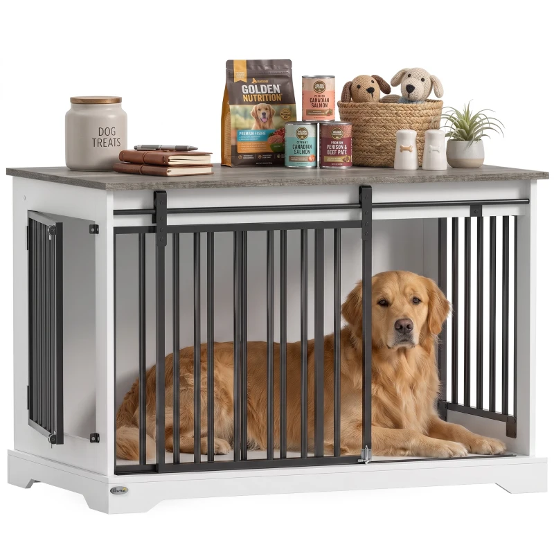 PawHut 100 cm Large Dog Crate Furniture with Sliding Barn Door for Large Dogs, White