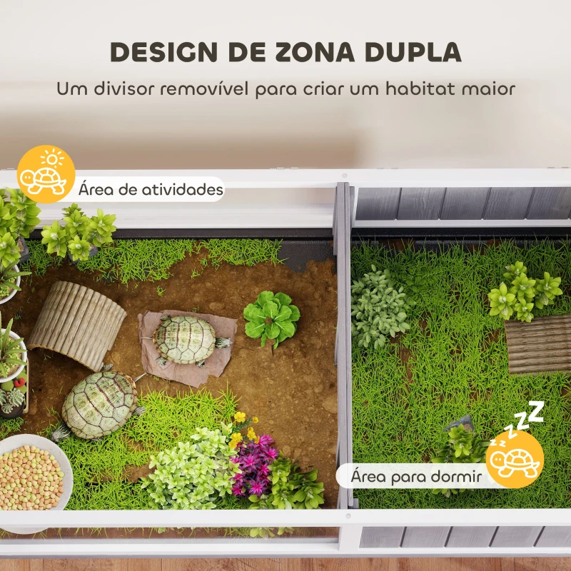 PawHut Casa para Tartarugas em Madeira Terrário para Répteis com 2 Tetos Articulados Bandeja Removível Suporte para Lâmpada 104x53x82 cm Branco e Cinza