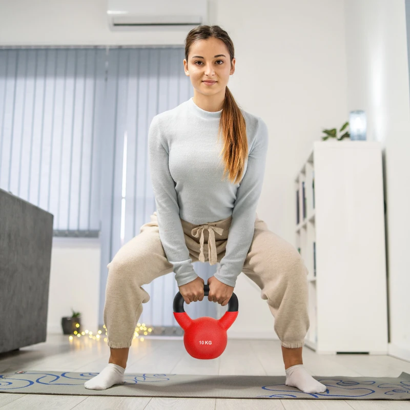 HOMCOM Kettlebell 10 kg en métal poids pour entraînements avec poignée antidérapante et fond plat 19x12x22cm rouge et noir
