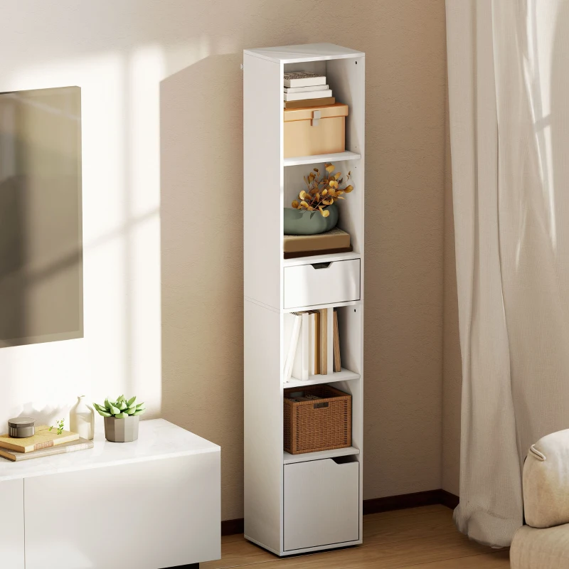 HOMCOM 6-Tier Bookcase, Tall Narrow Bookshelf with Drawer and Door - White