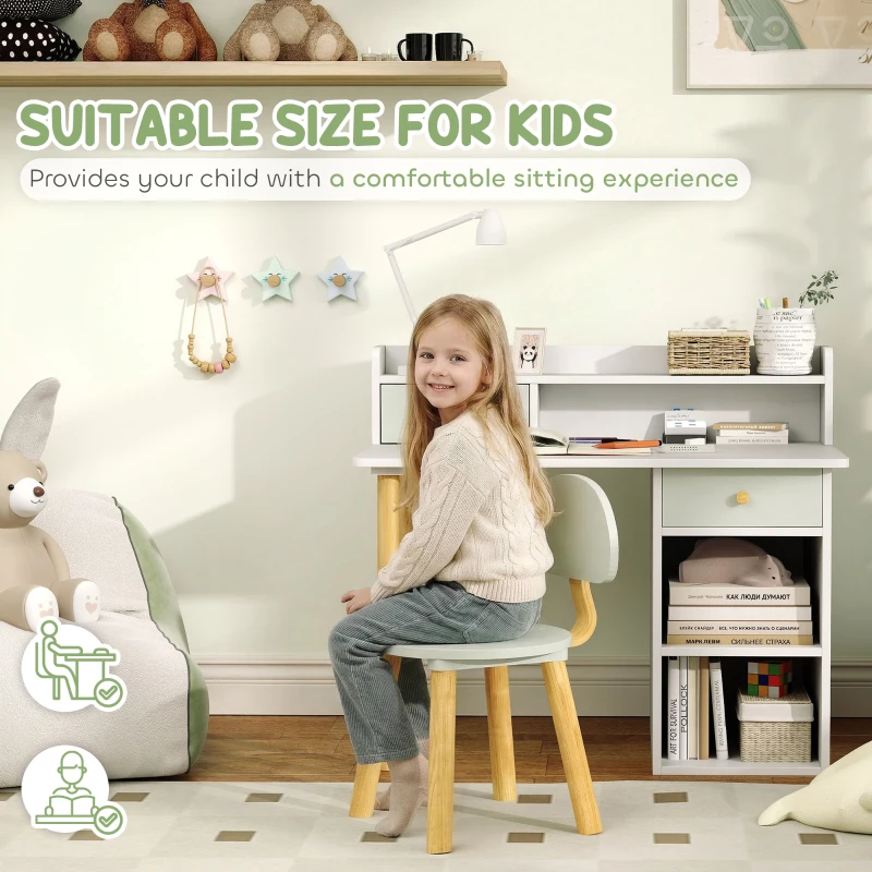 AIYAPLAY Two-Piece Children Study Table with Hutch, Kids Desk and Chair Set with Storage, Drawer, Shelves, Green