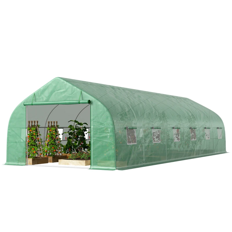 Outsunny Serre de jardin tunnel grande taille avec bâche PE cadre en acier porte enroulable et 12 fenêtres 8 x 3 x 2 m vert