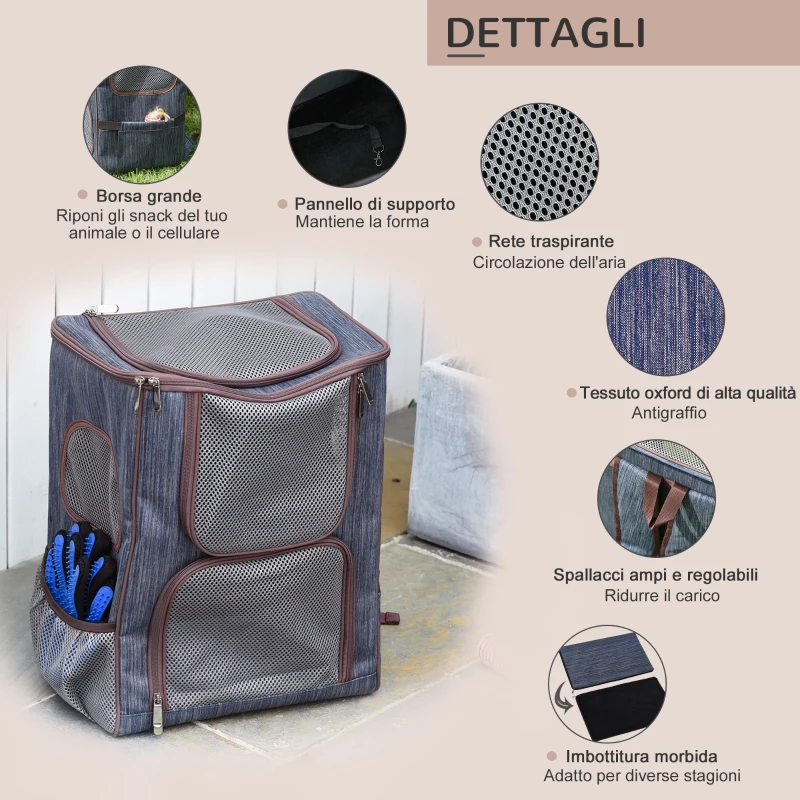 PawHut Zaino per Gatti Trasportino per Cani in Oxford, Cuscino Rimovibile e Lavabile, Inserti Rete Traspirante, 35x28.5x45cm, Blu Marrone
