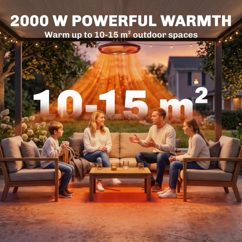 Outsunny Hanging Electric Patio Heater with LED Light, 1000/2000 W IP65 Outdoor Infrared Heater with Touch/Remote Control, Black