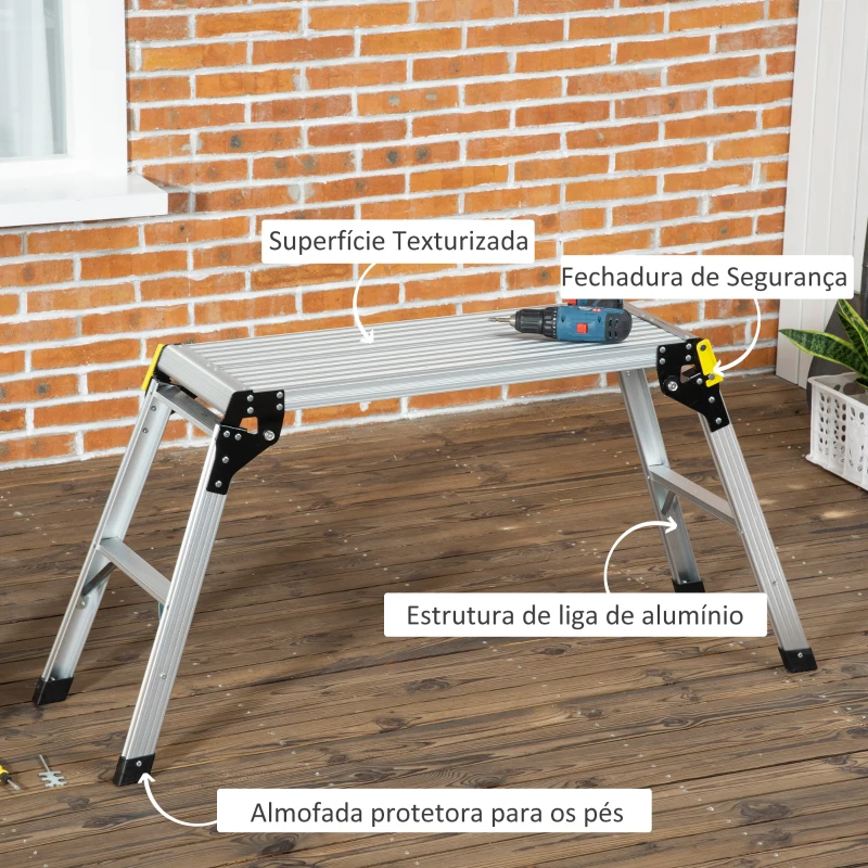 DURHAND Plataforma de Trabalho de Liga de Alumínio Plataforma de Trabalho Dobrável com Base Antiderrapante 128x41x60cm Prata