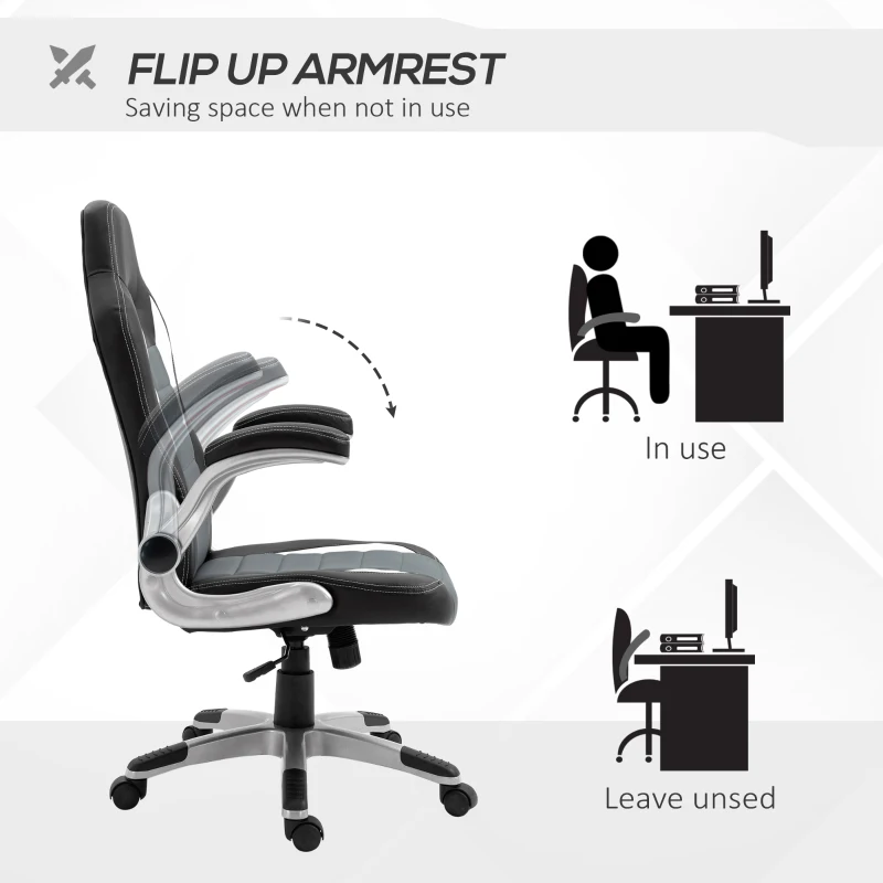HOMCOM Racing Office Chair PU Leather Computer Desk Chair Gaming Style with Wheels, Flip-Up Armrest, Grey