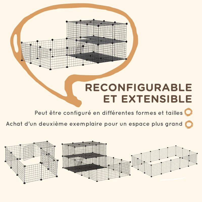 PawHut Parc enclos modulable DIY, 2 niveaux, enclos pour petits animaux, hamsters, lapins, cochon d'inde, panneaux grillagés, 45 panneaux, 175 x 105 x 70 cm, noir