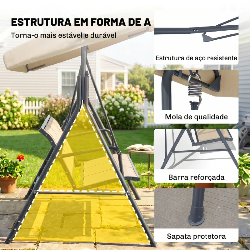Outsunny Baloiço de Jardim Exterior de 3 Lugares com Toldo Reclinável Assento Respirável e Estrutura de Aço 175x118x159 cm Bege