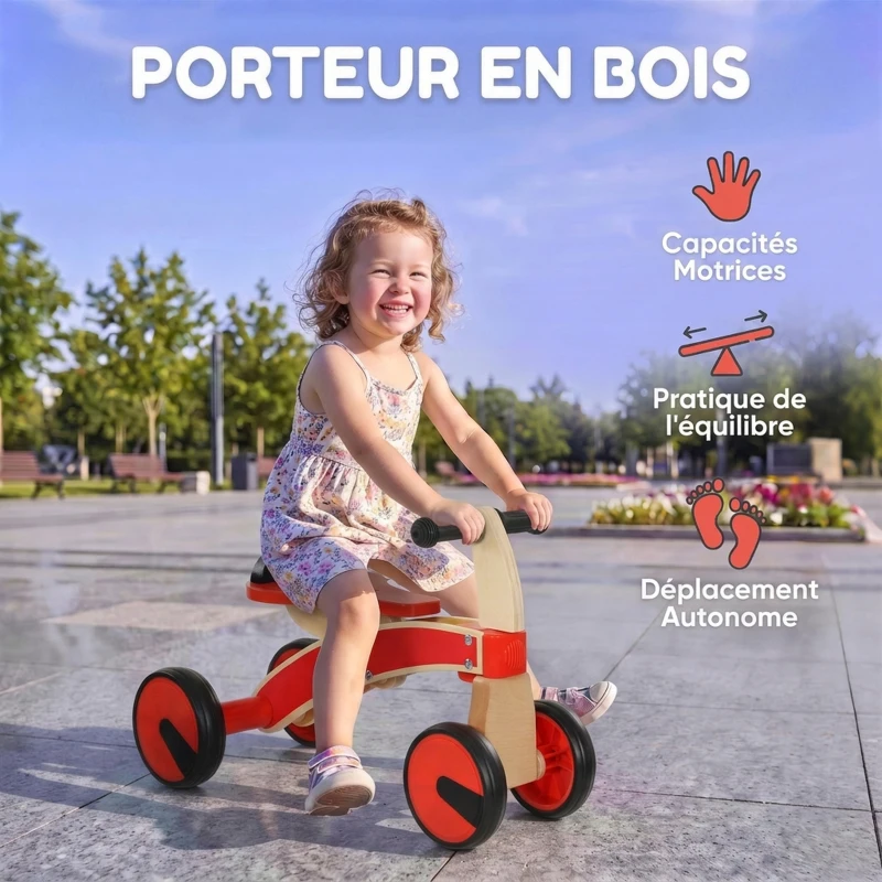 AIYAPLAY Voiture Porteur pour Enfants, Véhicule à Pousser Sans Pédales avec Roues en EVA et Dossier, 2 à 3 Ans, Rouge
