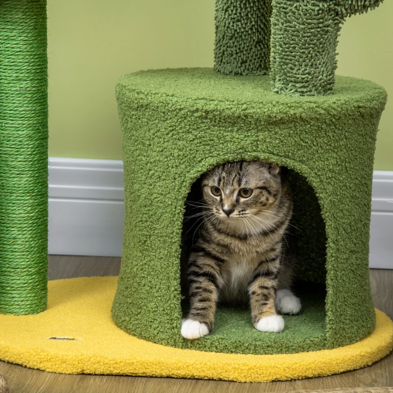 PawHut Árvore Arranhador para Gatos em Forma de Cacto com Casa de Pelúcia Plataformas Postes de Sisal 54x39x83cm Amarelo Verde