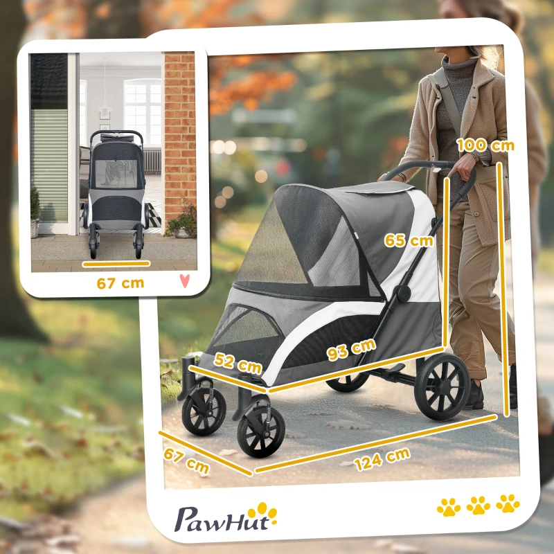 PawHut Hondenwagen, opvouwbare hondenbuggy voor middelgrote honden, dierenwagen met 4 wielen, veiligheidslijnen, remmen, donkergrijs