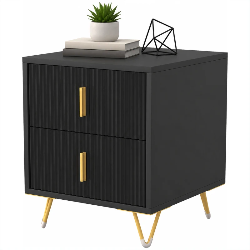 HOMCOM Elegant Fluted Bedside Table - Black/Gold-Tone