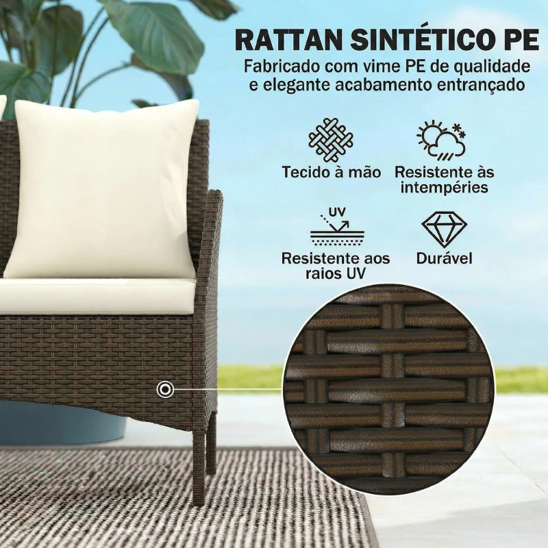 Outsunny Conjunto de Jardim em Vime com 4 Peças Inclui Sofá de 2 Lugares 2 Cadeiras Mesa de Vidro e Almofadas Laváveis Castanho