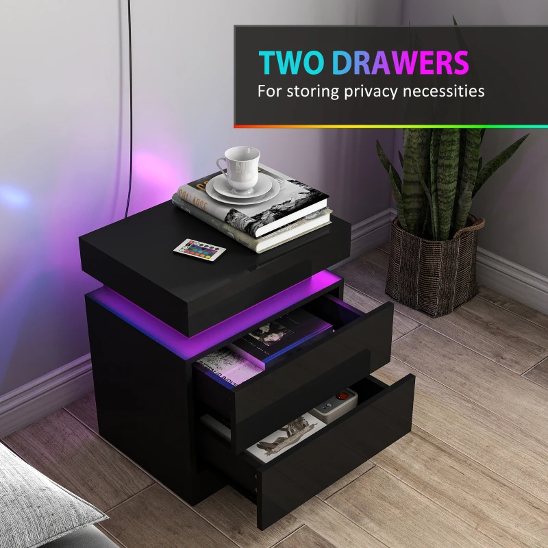 HOMCOM Black Bedside Table with LED Light, High Gloss Front Nightstand with 2 Drawers, for Living Room, Bedroom, Set of 2