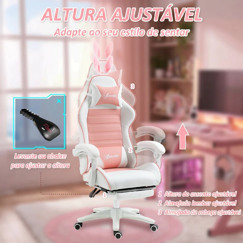 Vinsetto Cadeira Gaming Giratória de Couro PU com Altura Ajustável Inclinável 135° Apoio para a Cabeça 65x63x136-142 cm Rosa e Preto