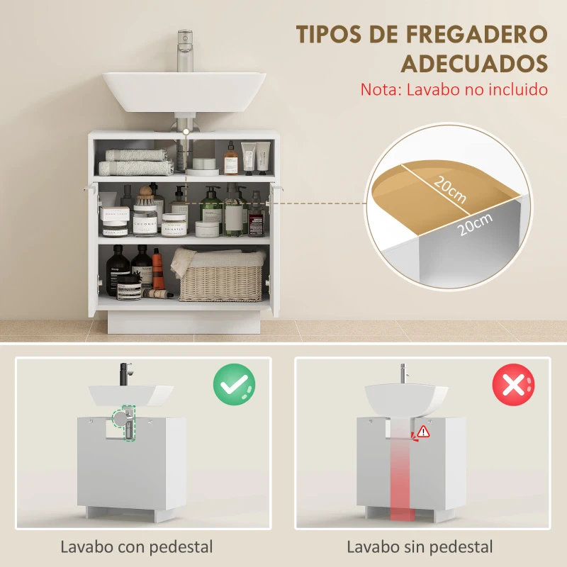 HOMCOM Mueble bajo Lavabo con 2 Puertas Acanaladas y Compartimento Abierto para Lavabo sin Pedestal 60x33x63 cm Blanco