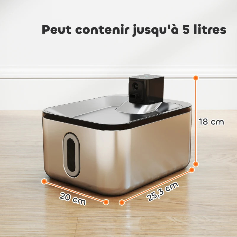 PawHut Fontaine à eau pour chat automatique en inox 5L, silencieuse, distributeur eau chat 3-étapes filtre chargeur USB, argent