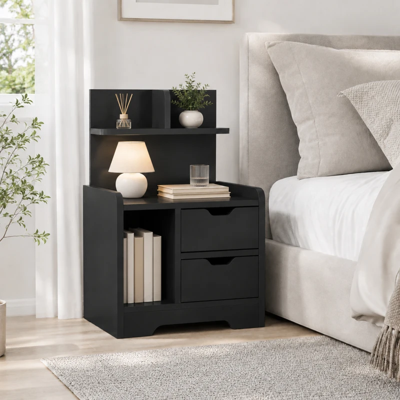 HOMCOM Bedside Table, Small Bedside Cabinet with 2 Drawers and Storage Shelves for Bedroom, Black Wood Effect