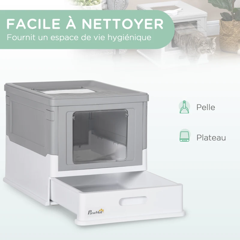 PawHut Maison de toilette pour chat pliable double porte battante et supérieure pelle fourni 47,5 x 35,5 x 36,7 cm gris