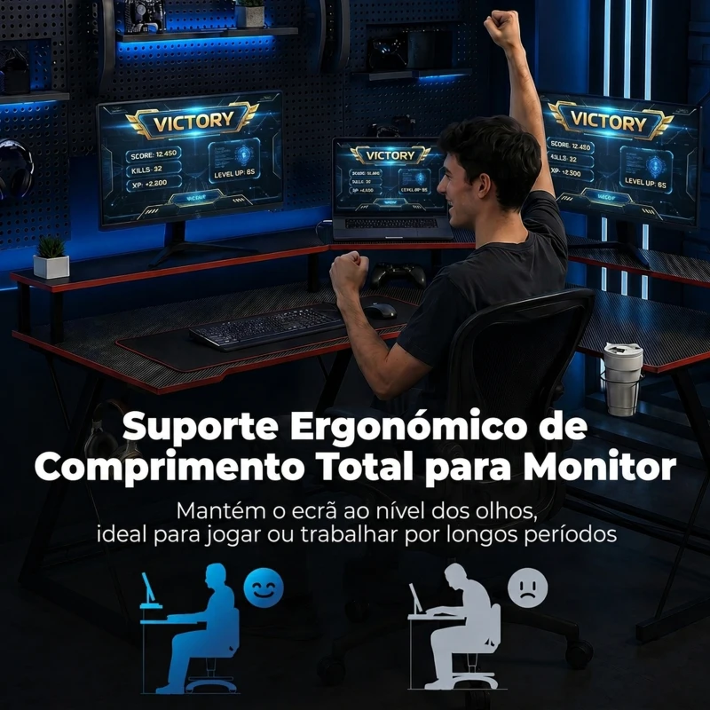 HOMCOM Secretária de Canto com Tomadas em Forma de L 128x128 cm com Suporte para Monitor Gancho e Suporte para Copos Preta