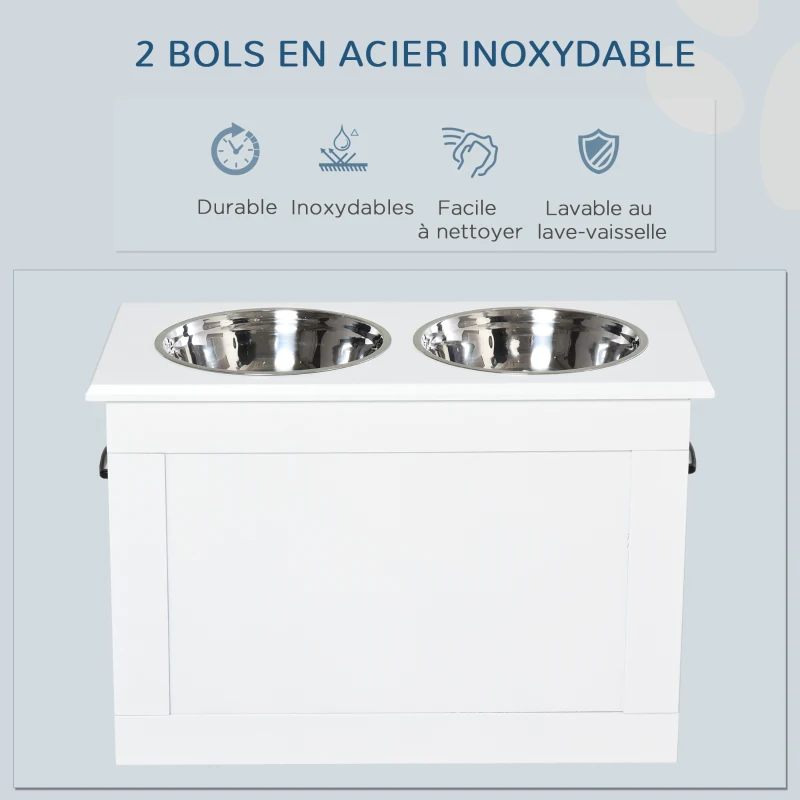 PawHut Gamelles chiens surélevées gamelle double chien chat porte-gamelles surélevé dim. 60L x 30l x 41H cm blanc