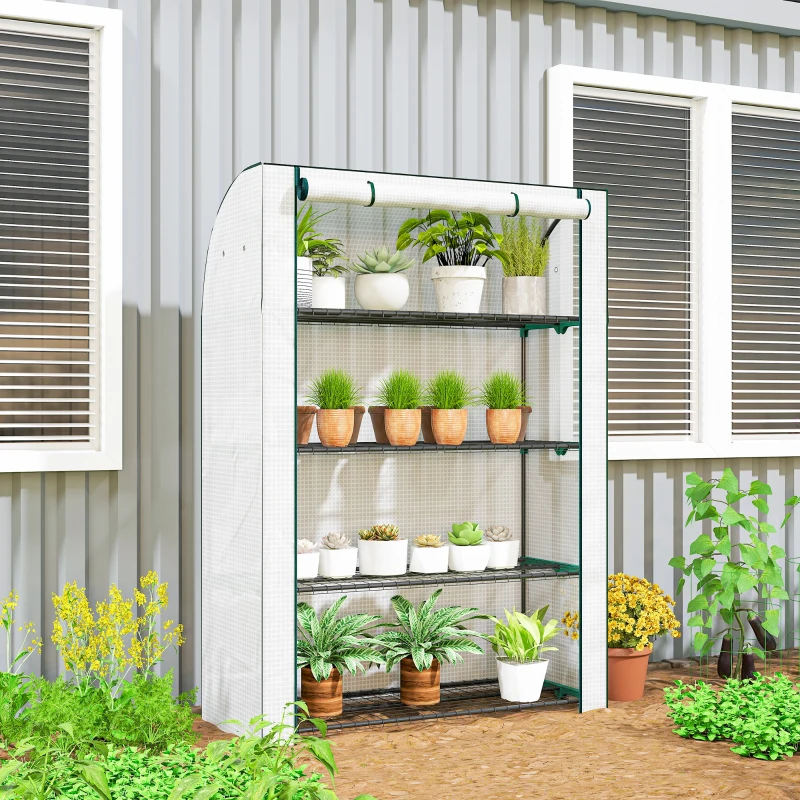 Outsunny Mini Greenhouse with Reinforced PE Cover, Portable Indoor Outdoor Green House with Roll-up Door, 170 x 120 x 50cm, White