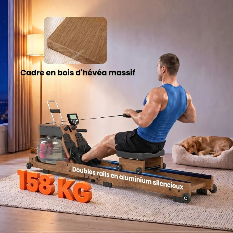 SPORTNOW Rameur à Eau Rameur Appartement Pliable Double Rail Aluminium Capacité 158kg Connexion Bluetooth 182x42x67cm Chêne