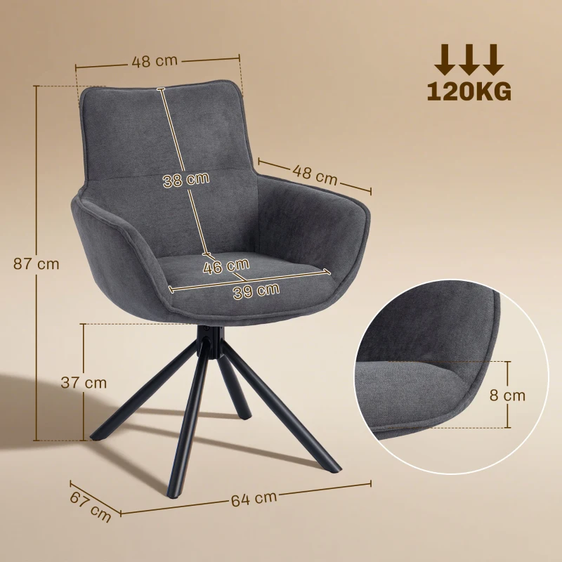 HOMCOM Set van 2 Eetkamerstoelen, Draaibaar, Zacht Gepolsterd, Armleuningen, Metalen Poten, Donkergrijs