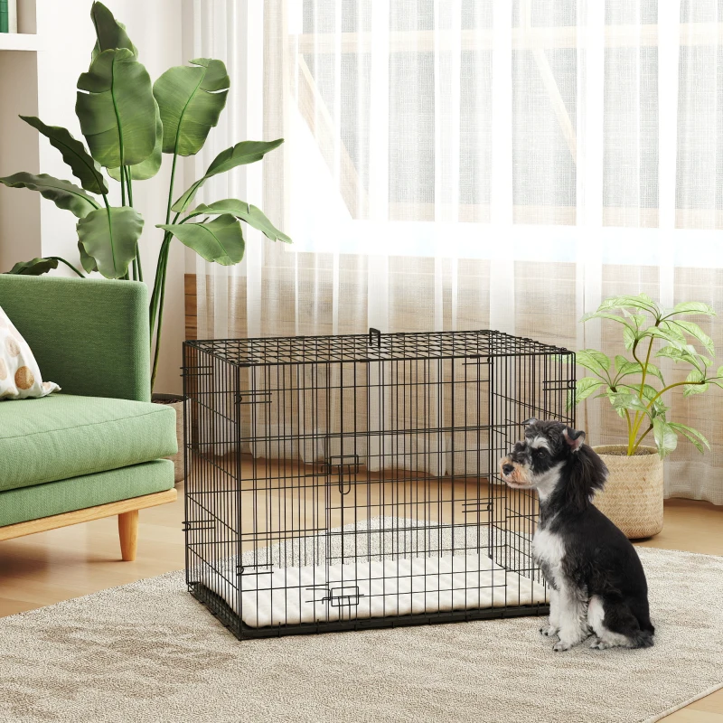 PawHut Gaiola Dobrável para Cães Pequenos com Almofada Portas Bandeja Removível e Estrutura Metálica 75x48,5x53 cm Preto e Bege