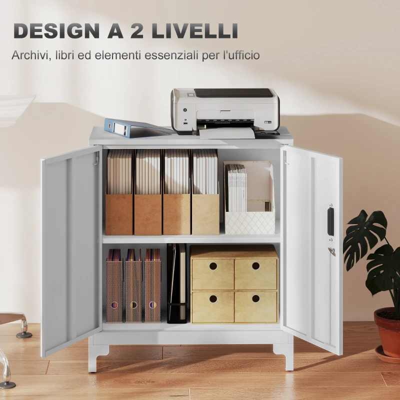 HOMCOM Mobile da Ufficio Portadocumenti con 3 Ripiani, 2 Ante e Chiavi, 80x35x91 cm, Bianco