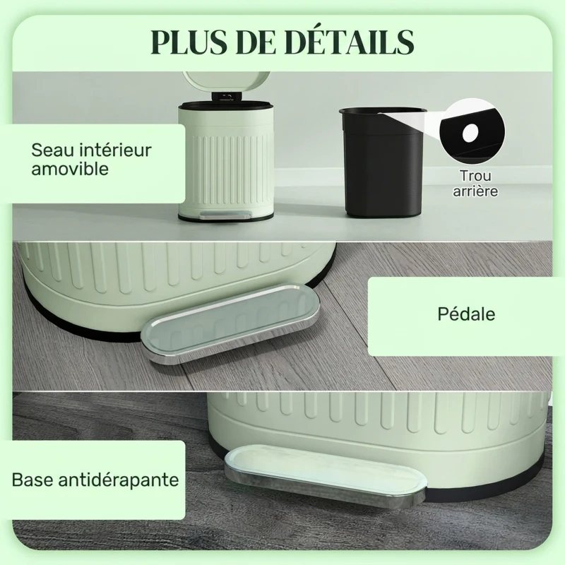 HOMCOM Poubelle de cuisine poubelle à pédale 20L couvercle à fermeture douce seau intérieur amovible 36,5 x 31,2 x 45 cm vert