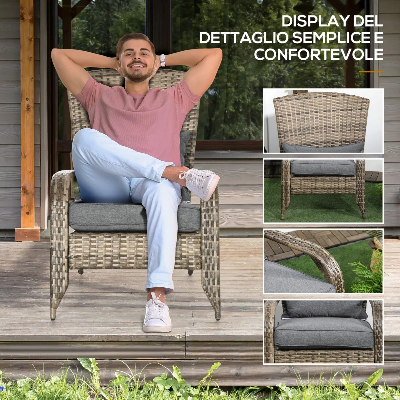 Outsunny Sedia da Giardino Adironrack con Braccioli, in Rattan e Acciaio, 64x80x90 cm, Marrone e Grigio