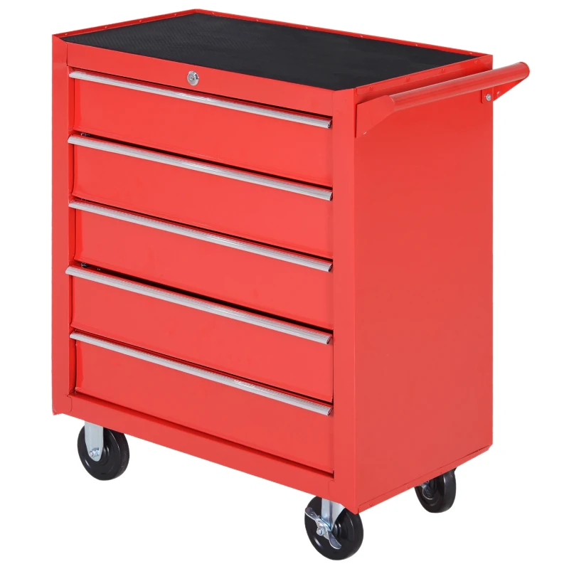 HOMCOM Carrello Porta Attrezzi a 5 Cassetti con Serratura, 4 Ruote e Maniglia, Carrello Officina in Acciaio 69x33x75cm, Rosso