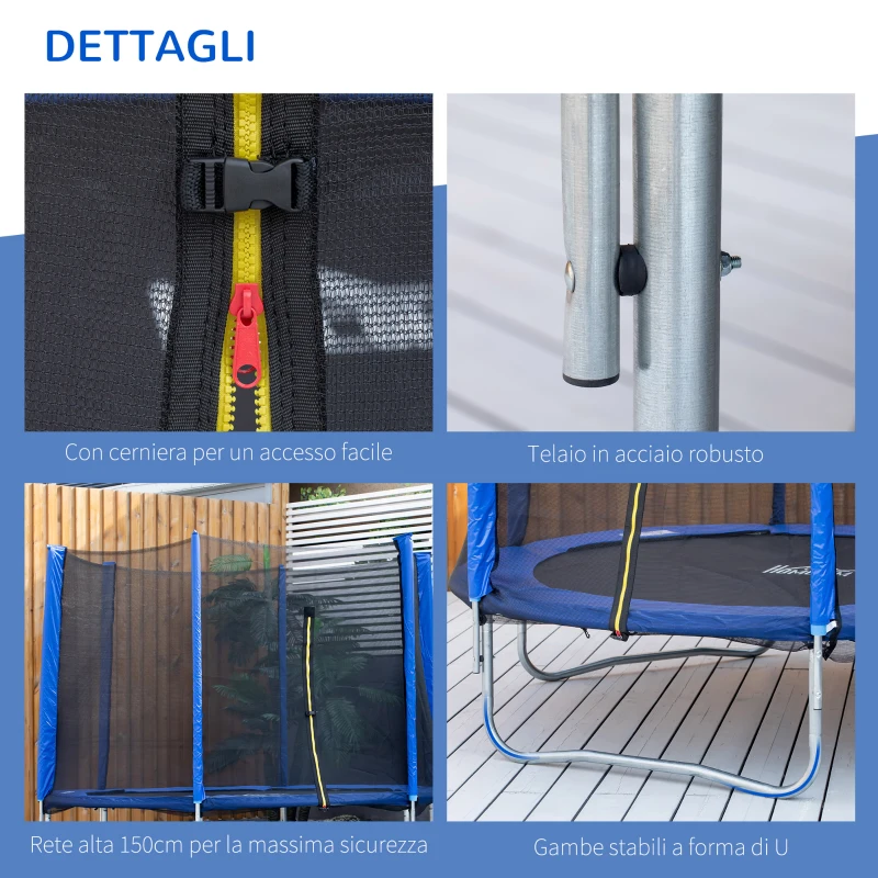 HOMCOM Trampolino Elastico Esterni con Rete di Sicurezza e Pali Imbottiti per Adulti e Bambini, 244x244x205cm