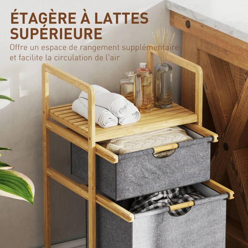 HOMCOM Panier à linge en bambou corbeille à linge sale avec 2 sacs en tissu coulissants et étagère à lattes, naturel