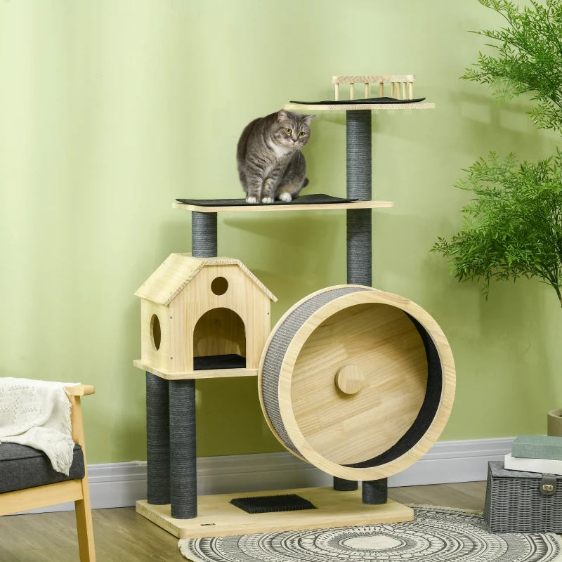 PawHut Katzenbaum mit Laufrad 4-Stock Kratzbaum Katzenhaus mit Sisalsäulen Katzenhöhle Kiefernholz Natur 80 x 50 x 143 cm