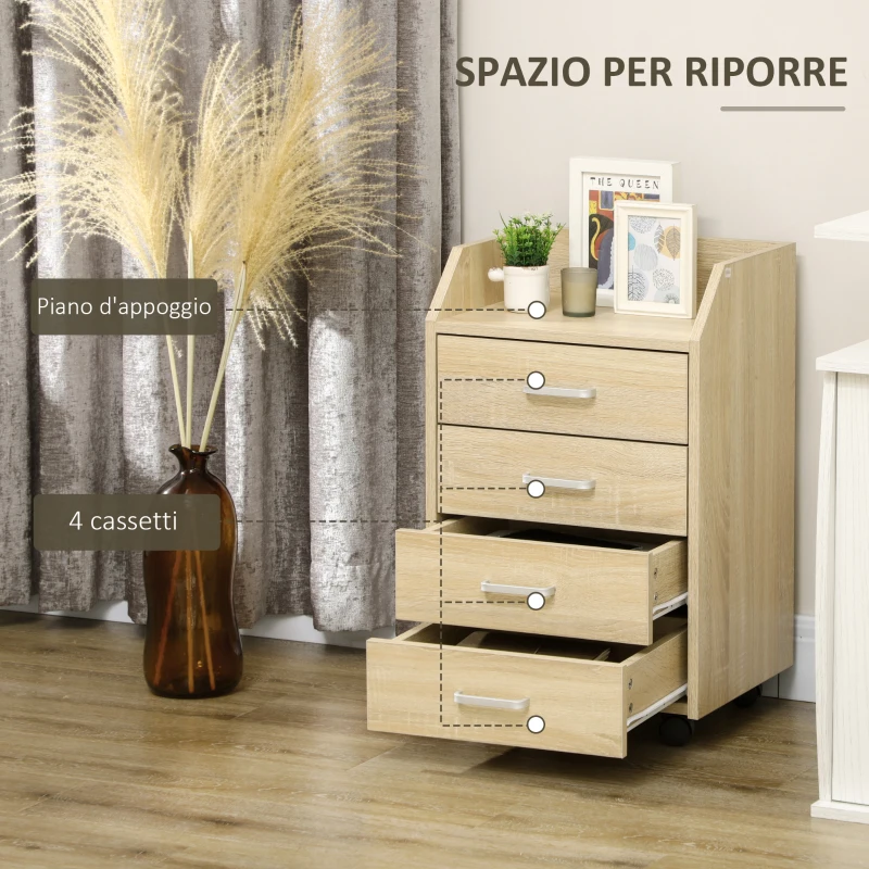 Vinsetto Cassettiera da Ufficio in Legno con 4 Cassetti, Ruote e Bordi Rialzati, 40x36x65cm, Legno Naturale