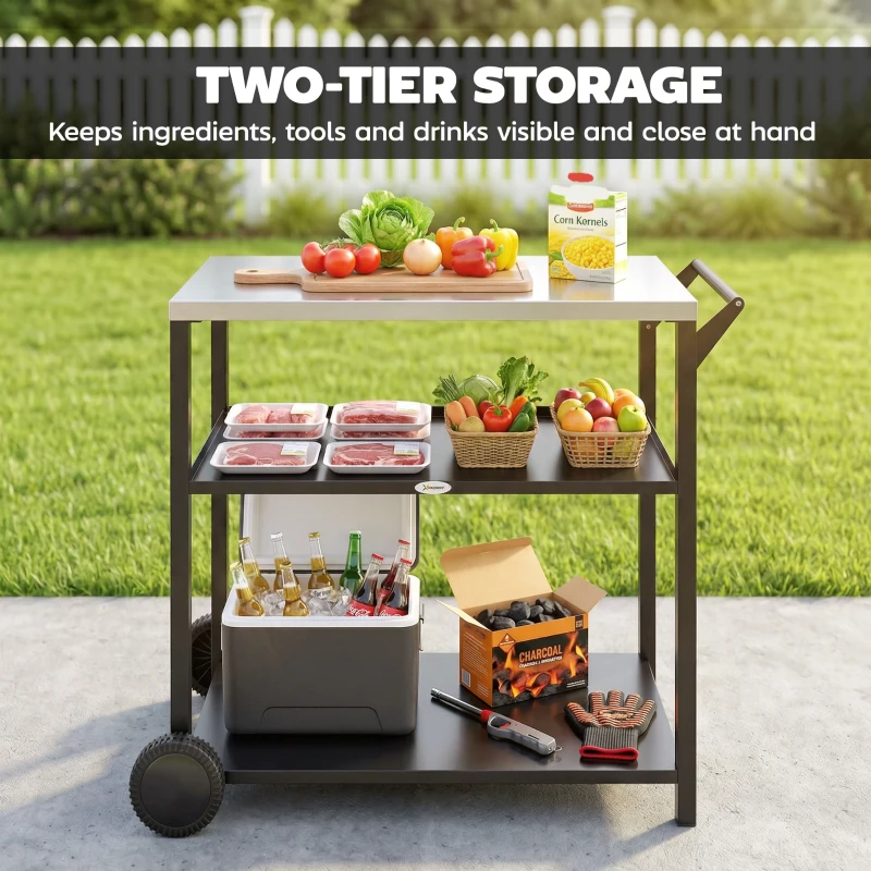 Outsunny Outdoor Grill Cart with Stainless Steel Tabletop for Kitchen Prep, Two-Tier Pizza Oven Stand on Wheels, Black