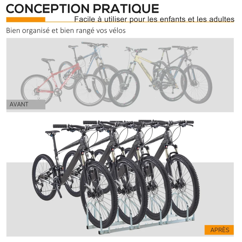 HOMCOM Râtelier 4 vélos dim. 110L x 33l x 27H cm acier galvanisé argent