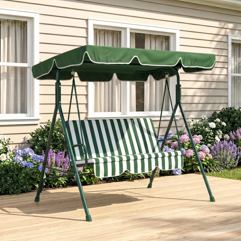 Outsunny Baloiço de Jardim de 3 Lugares com Almofada Toldo Ajustável e Estrutura de Metal 172x110x153cm Verde e Branco