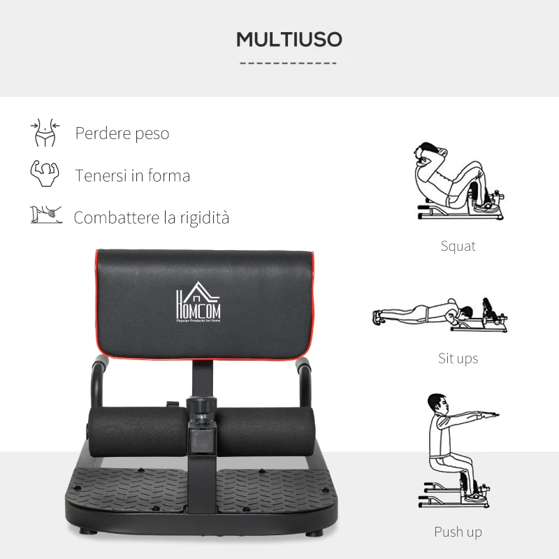 HOMCOM Macchina Squat 3 in 1, Macchina per Deep Sissy Squat Sit Up Push Up Regolabile Acciaio, Multifunzione, per Fitness, Allenamento, Leg Press, Addominali e Flessioni, Nero