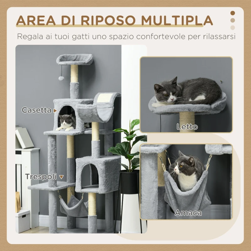 PawHut Albero per Gatti con Amaca, Lettino e 2 Casette, in Truciolato e Peluche, 55x49x177 cm, Grigio e Bianco