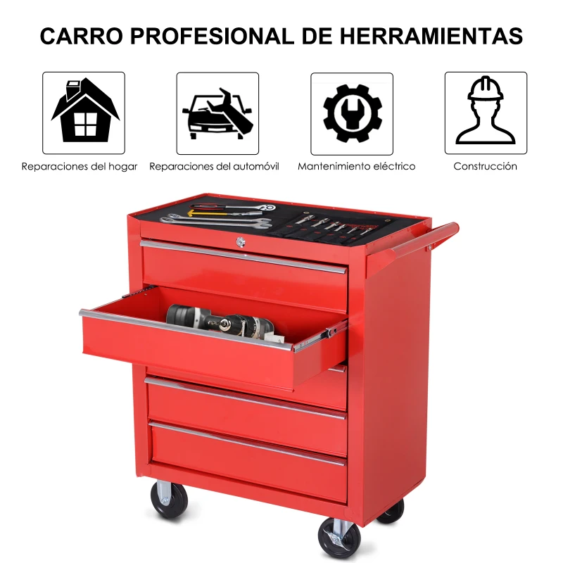 DURHAND Caja Taller Carro de Herramientas con Ruedas Cerradura tipo Mueble de Almacenamiento para Taller Garaje y Hogar Chapa de Acero 69x33x75 cm Rojo