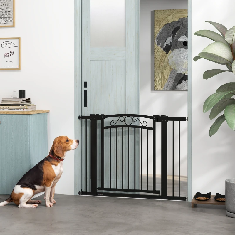 PawHut Puerta para Perros con Ancho Ajustable 76-104 cm con 2 Extensiones y Doble Bloqueo Negro